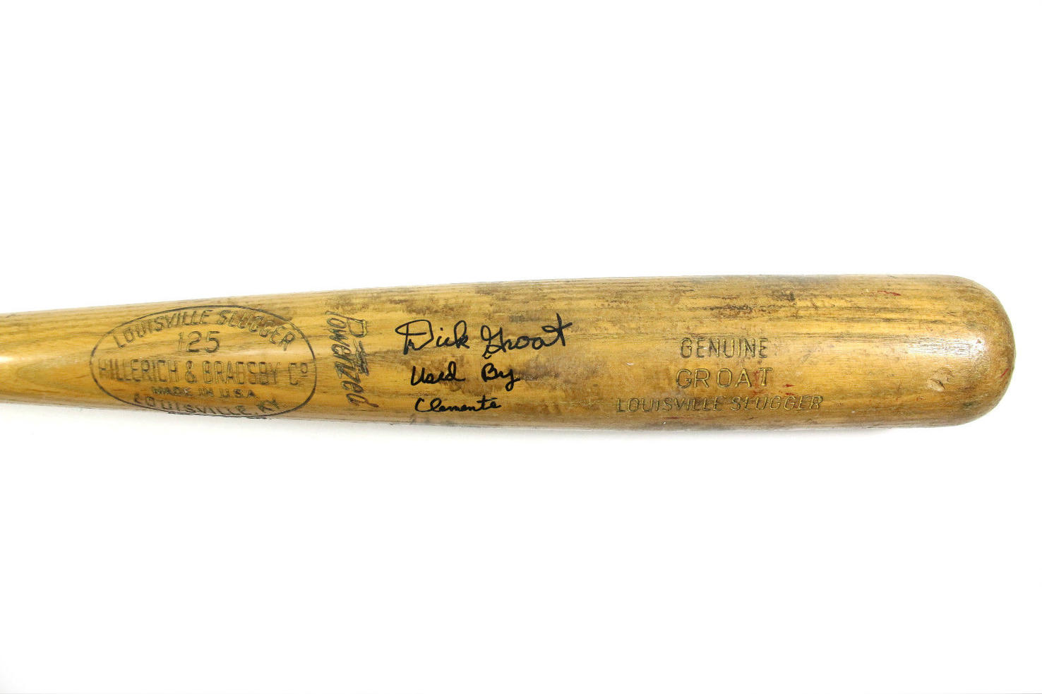 Name:  ROBERTO CLEMENTE DICK GROAT trademark barrel block letter GROAT area  bat 1961-62 GAME USED PITT.jpg
Views: 385
Size:  93.2 KB